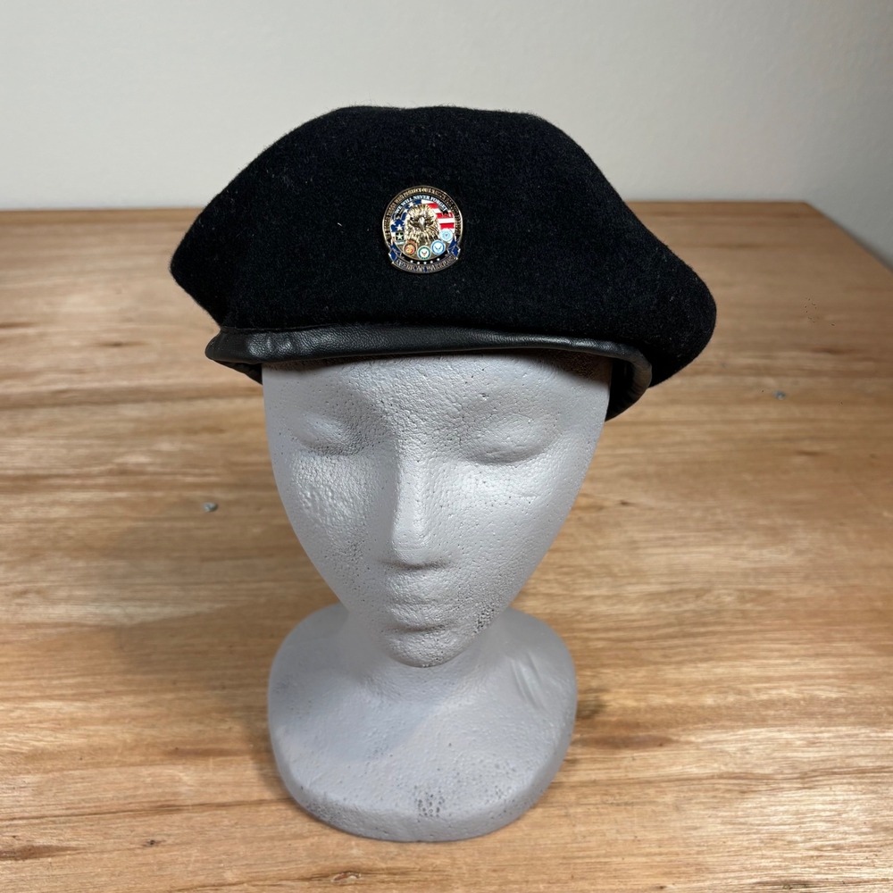American Warriors Military Style Black Wool Beret Hat with Veteran Crest Pin